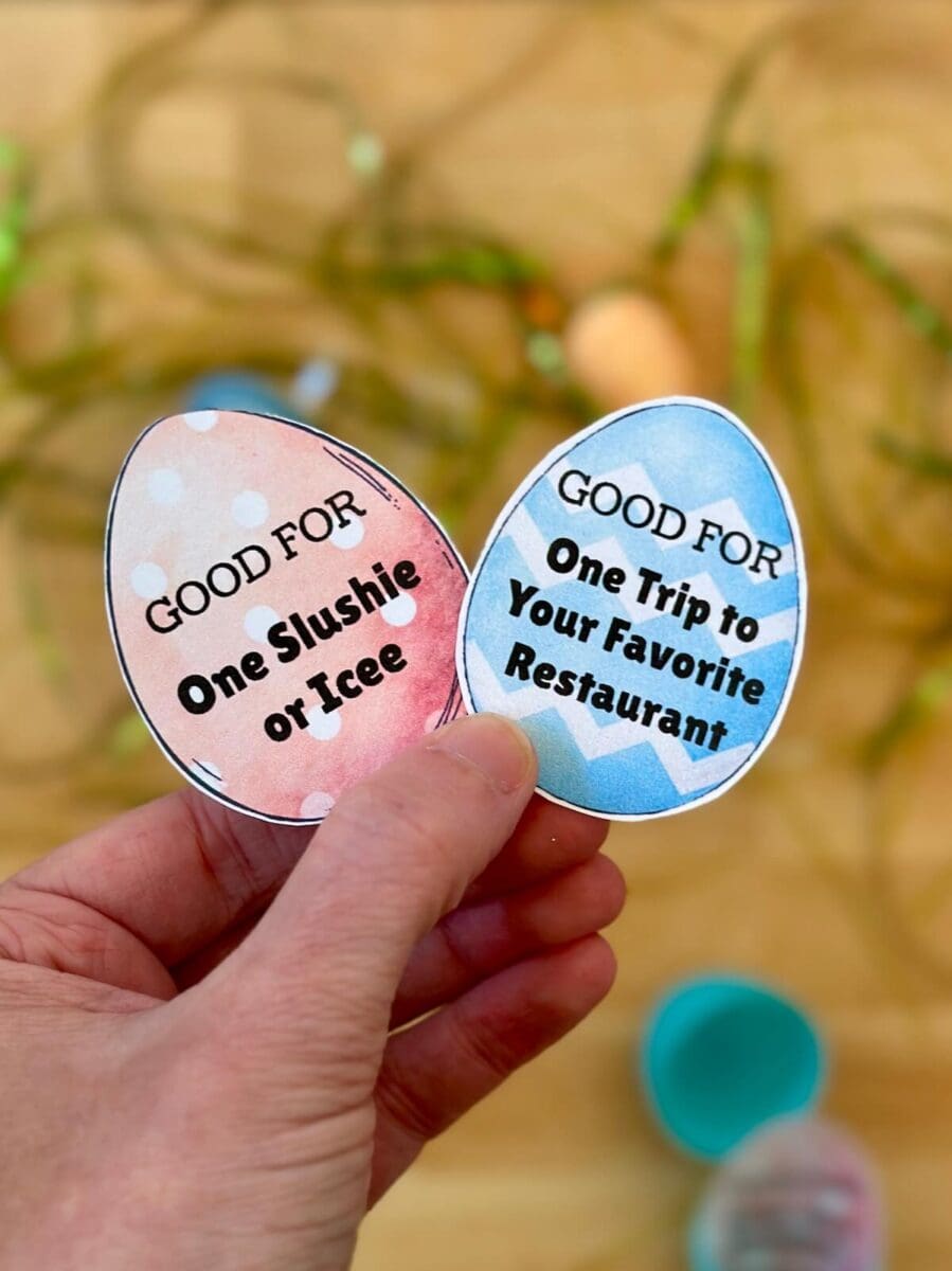 two Easter egg shaped coupons that say "good for" sweet treats