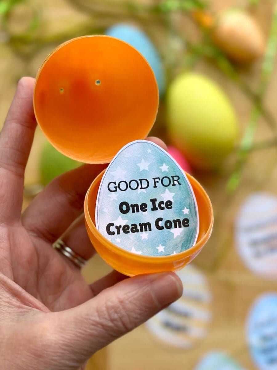 plastic Easter egg with a coupon inside that says "good for one ice cream cone"