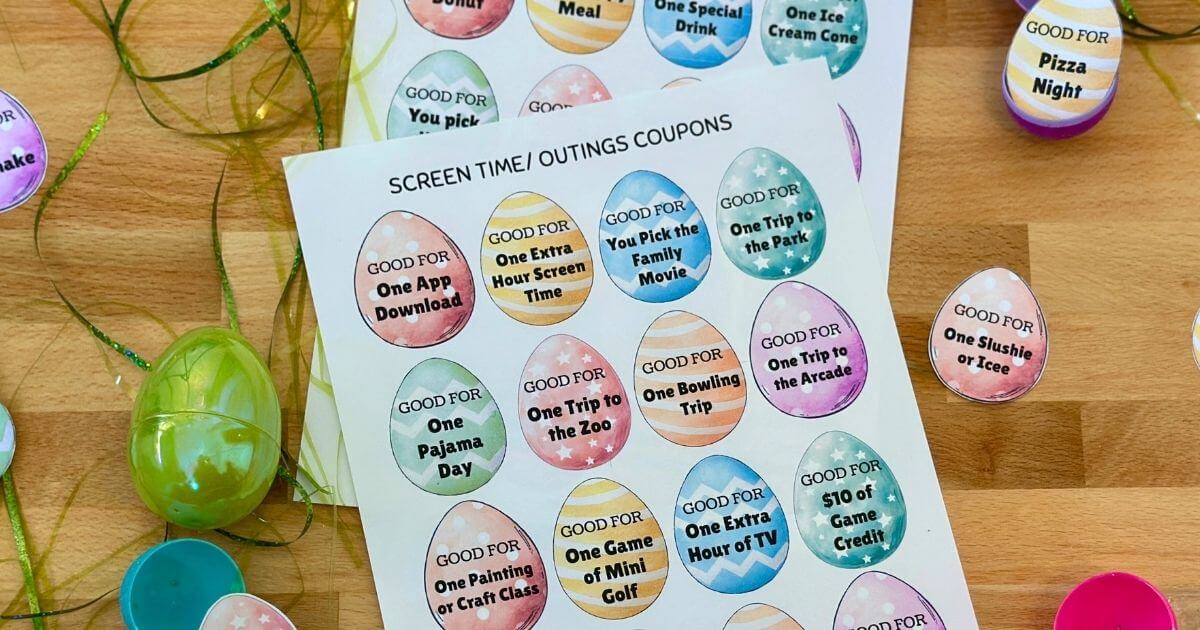 free printable Easter egg shaped coupons on white cardstock
