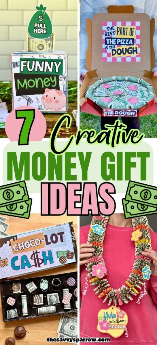 collage of 4 different money gift ideas like a money lei and a cash pull tissue box gift