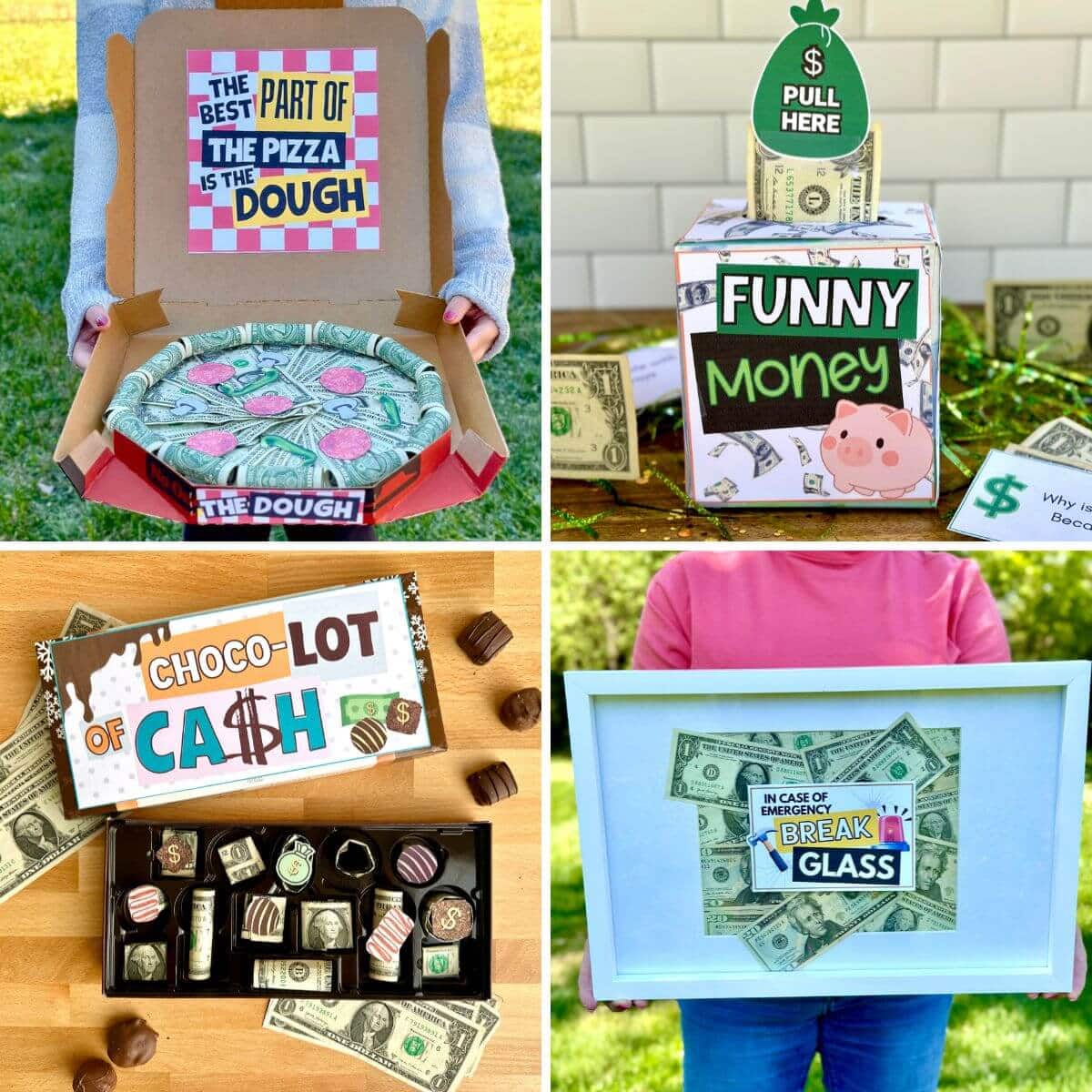 collage of creative ways to give money as a gift including a pizza box money gift and a cash pull box