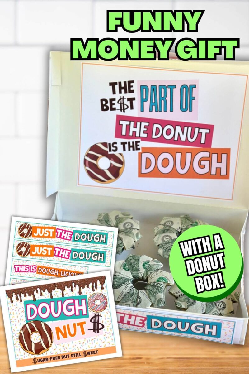donut box money gift with folded dollar bills in the shape of donuts inside a donut box