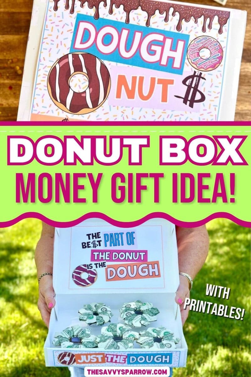 collage with donut box with printable signs and dollar bills folded like donuts