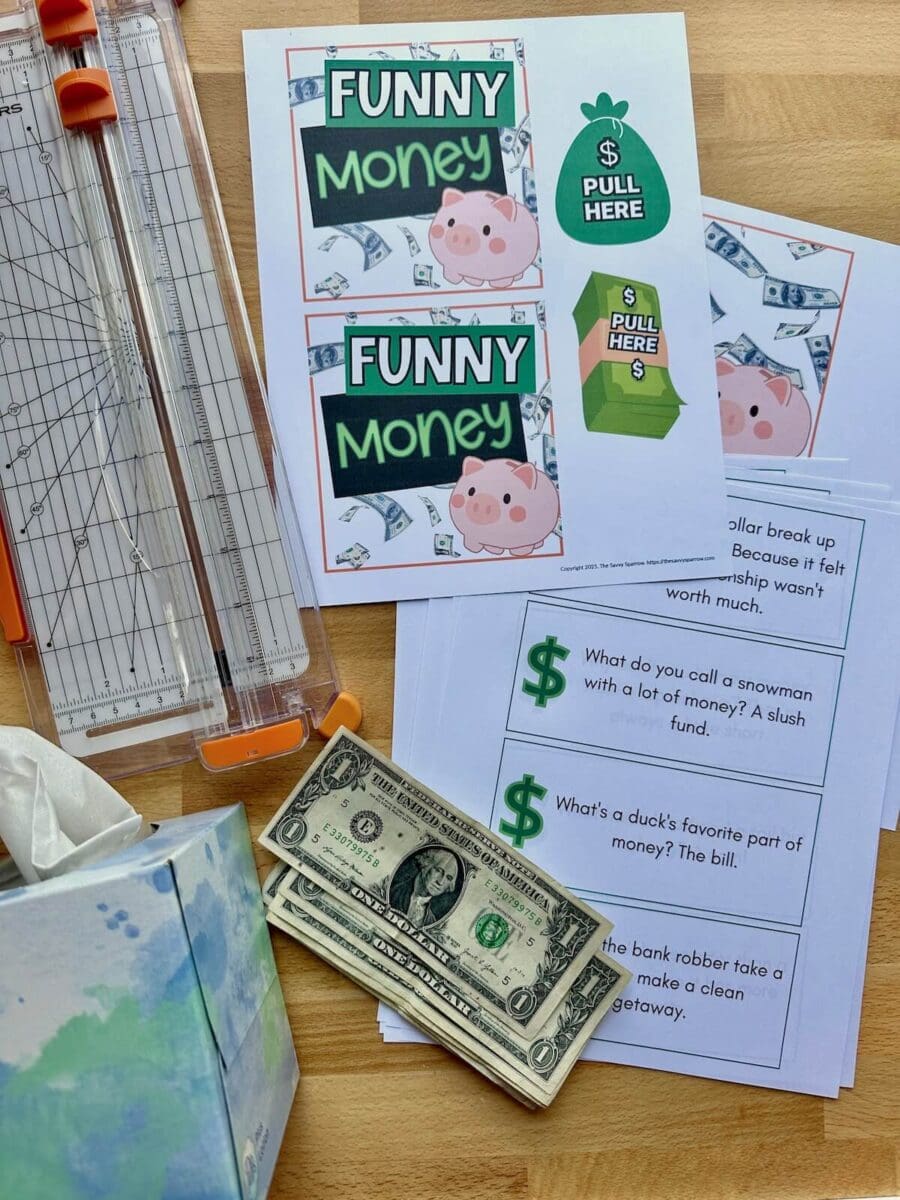 funny money tissue box printables, dollar bills, empty tissue box, and jokes printed out on white paper
