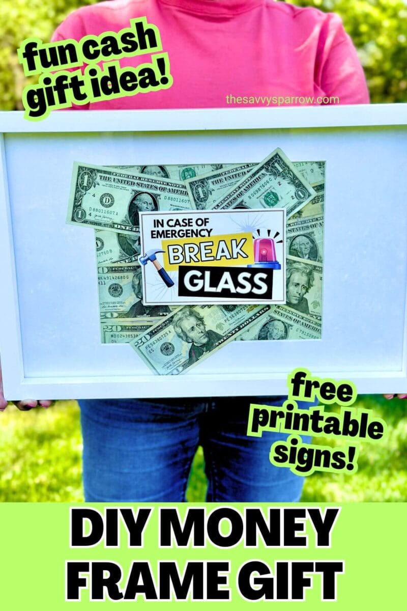money picture frame gift with money inside and a free printable sign on top that says "in case of emergency break glass"