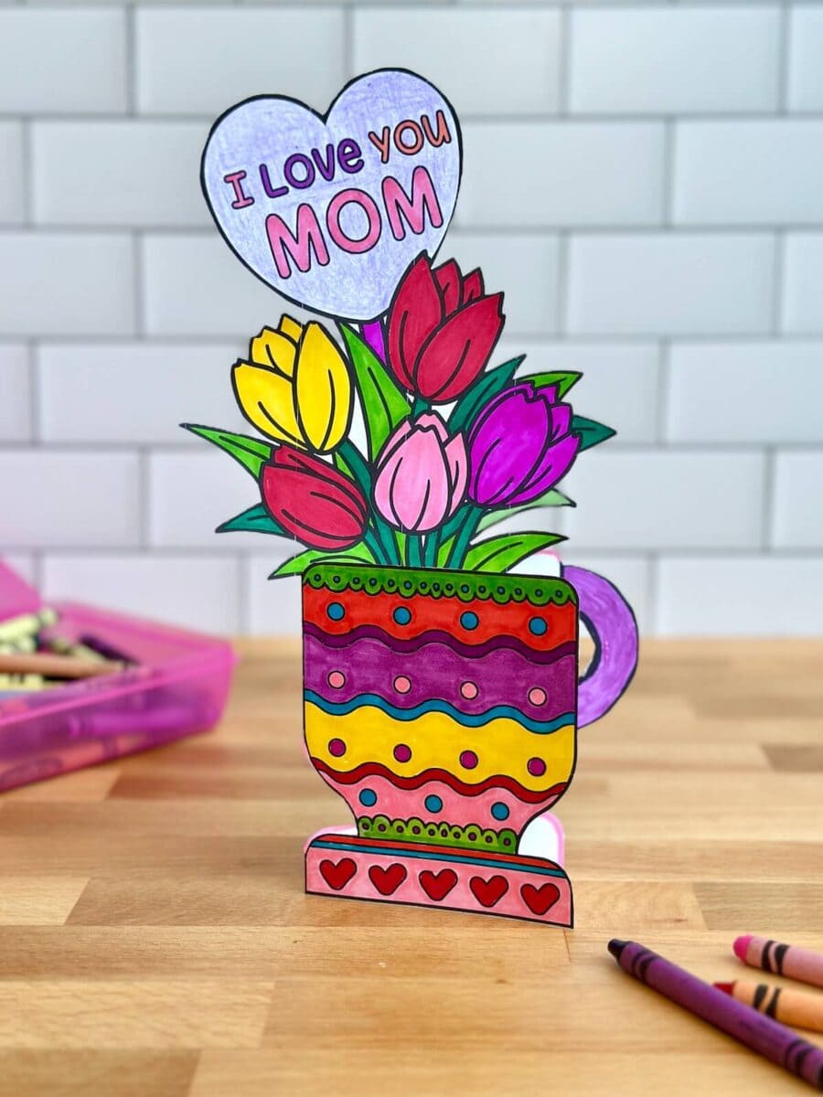 mother's day card with a teacup and flowers coming out the top and a balloon that says "I love you Mom"