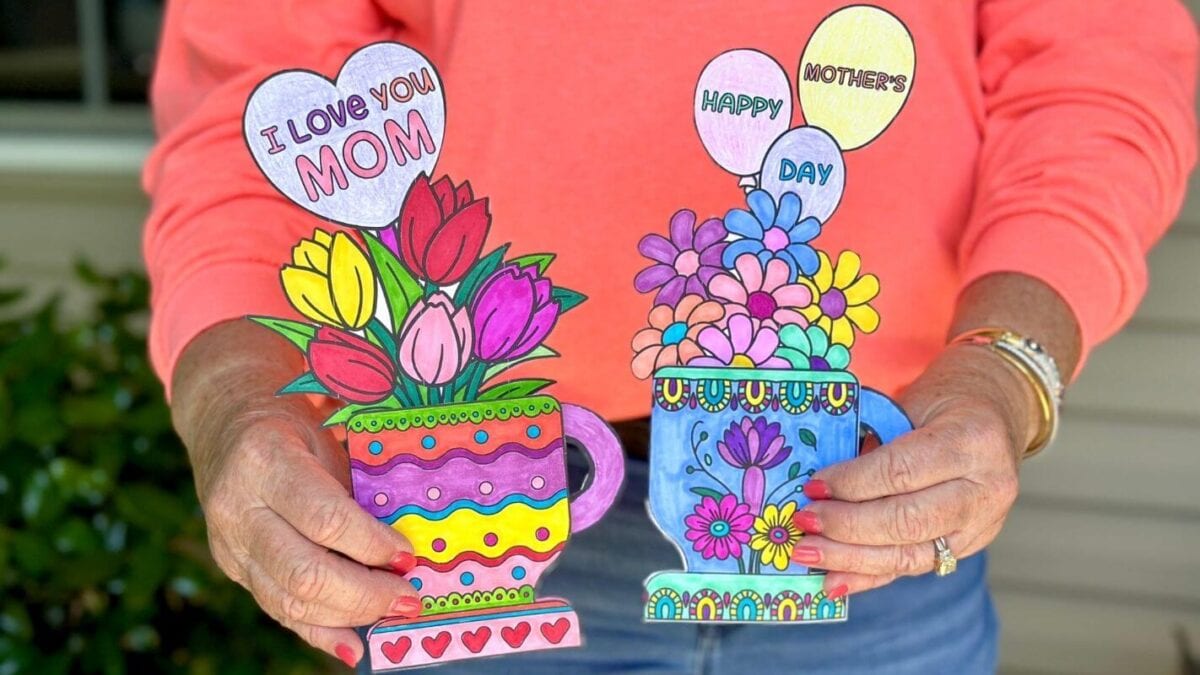 free printable mother's day cards with teacups and flowers that have been colored