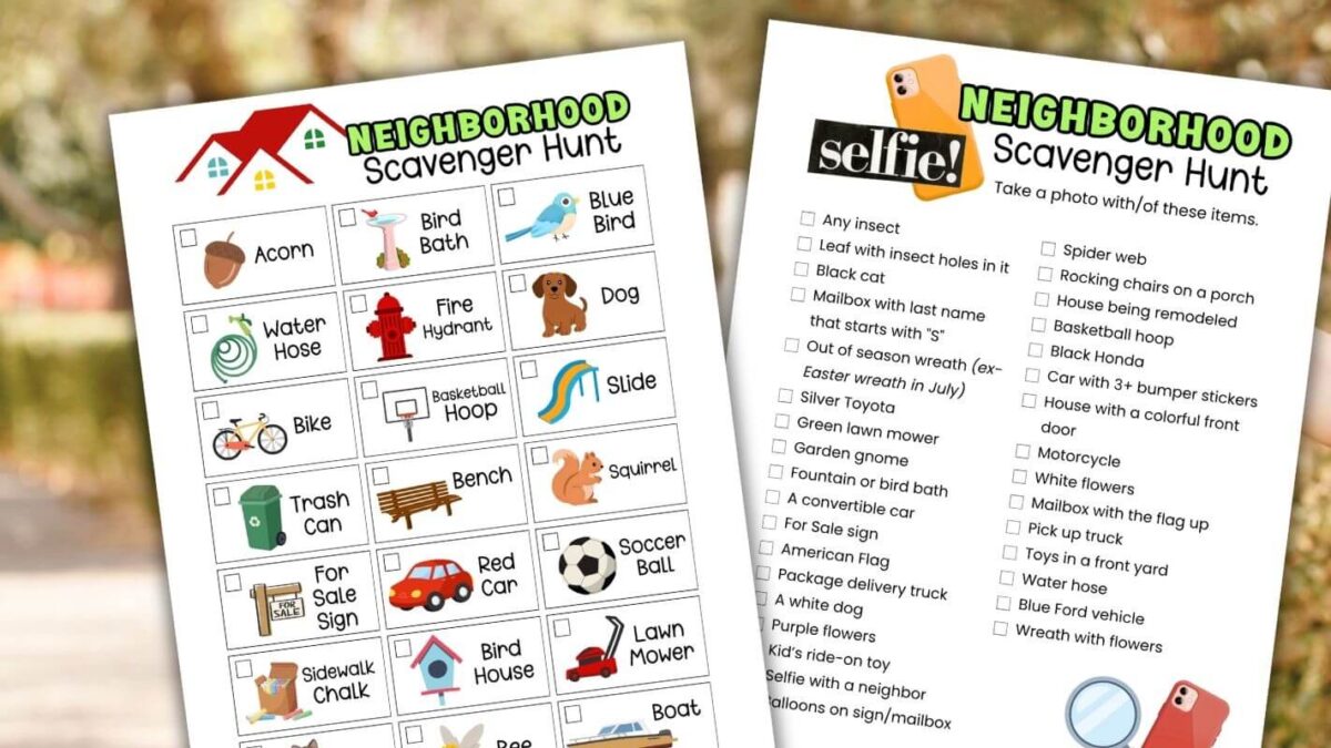 2 printable neighborhood scavenger hunt lists - one with pictures and one without
