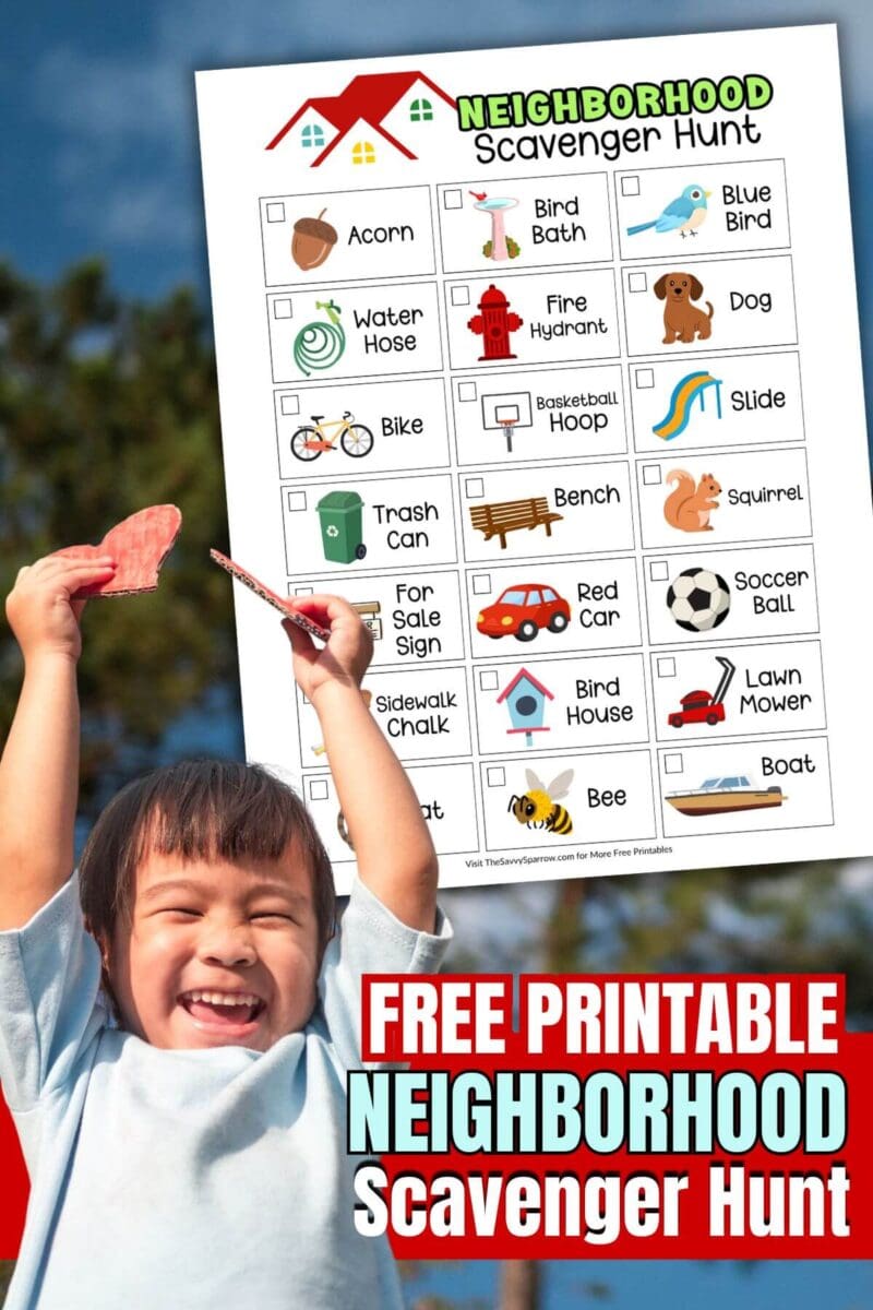 boy outside with a printable neighborhood scavenger hunt with pictures
