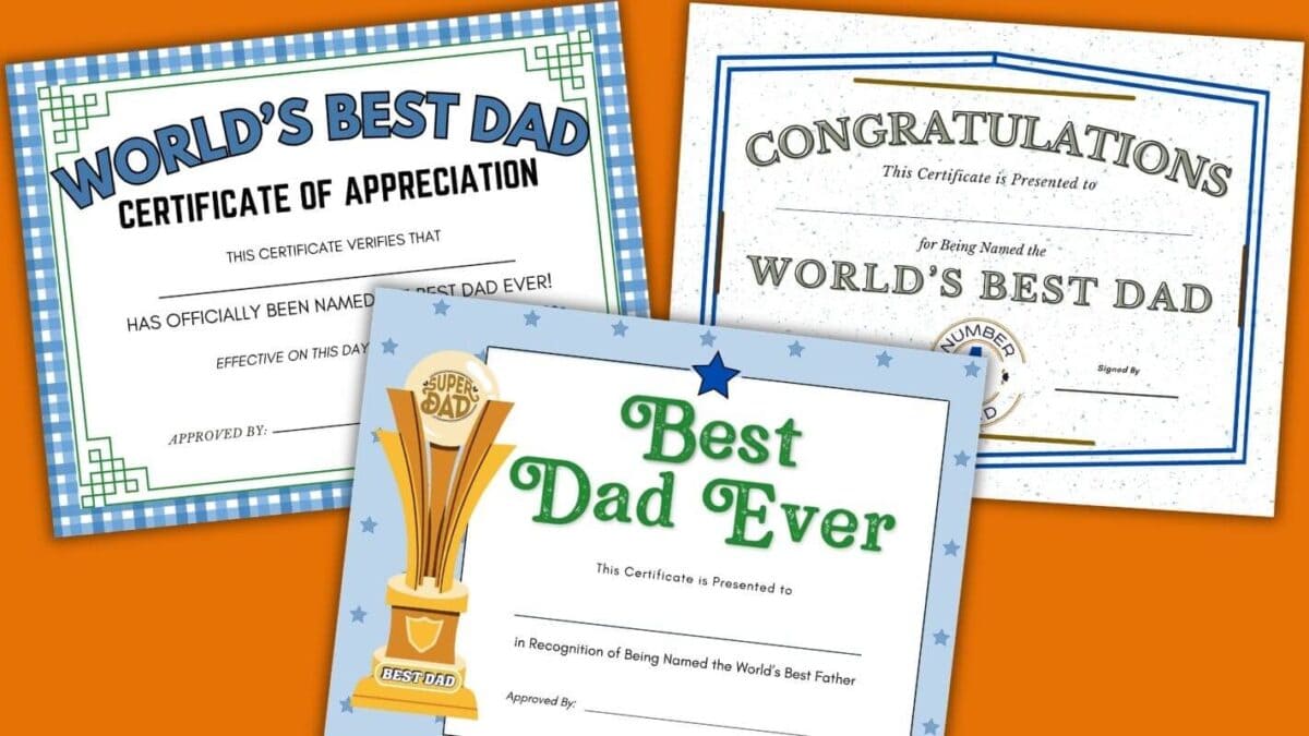 3 certificates that say World's Best Dad