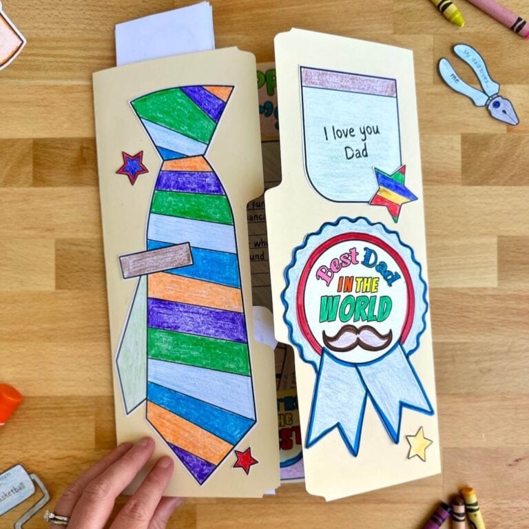 front cover of a Father's Day lapbook craft with a tie and a badge that says World's Best Dad