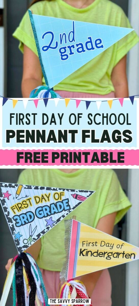girl holding printable pennant flag signs for the first day of school photos