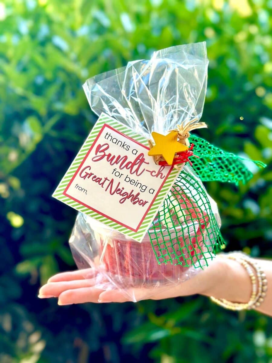 mini Nothing Bundt Cakes bundt cake wrapped up with a printable gift tag