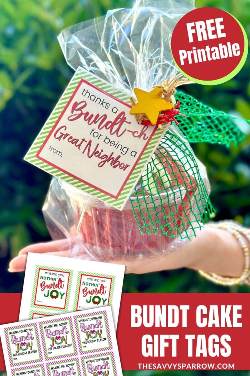 mini Nothing Bundt Cakes bundt cake wrapped up with a printable Christmas gift tag