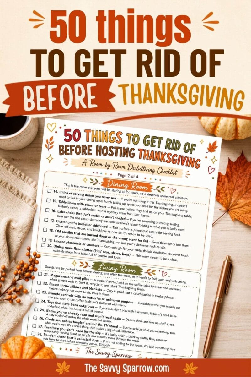 printable list of 50 things to declutter before Thanksgiving