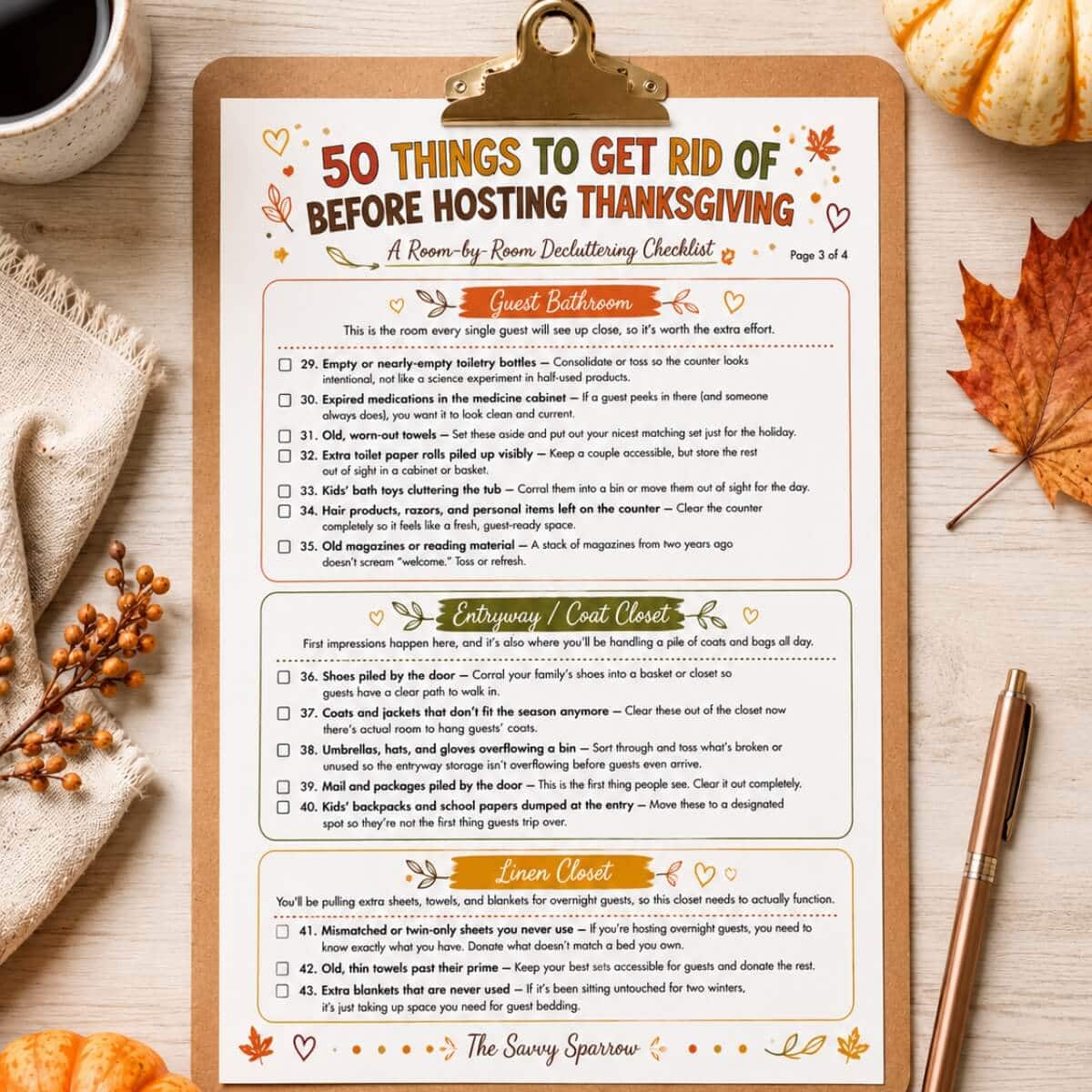 printable Thanksgiving decluttering checklist on a clipboard