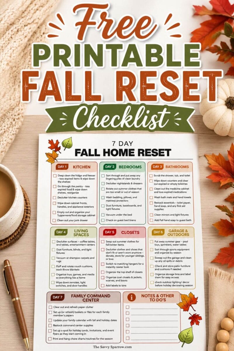 free printable Fall Home Reset checklist with different Fall cleaning jobs to do in each room of the home