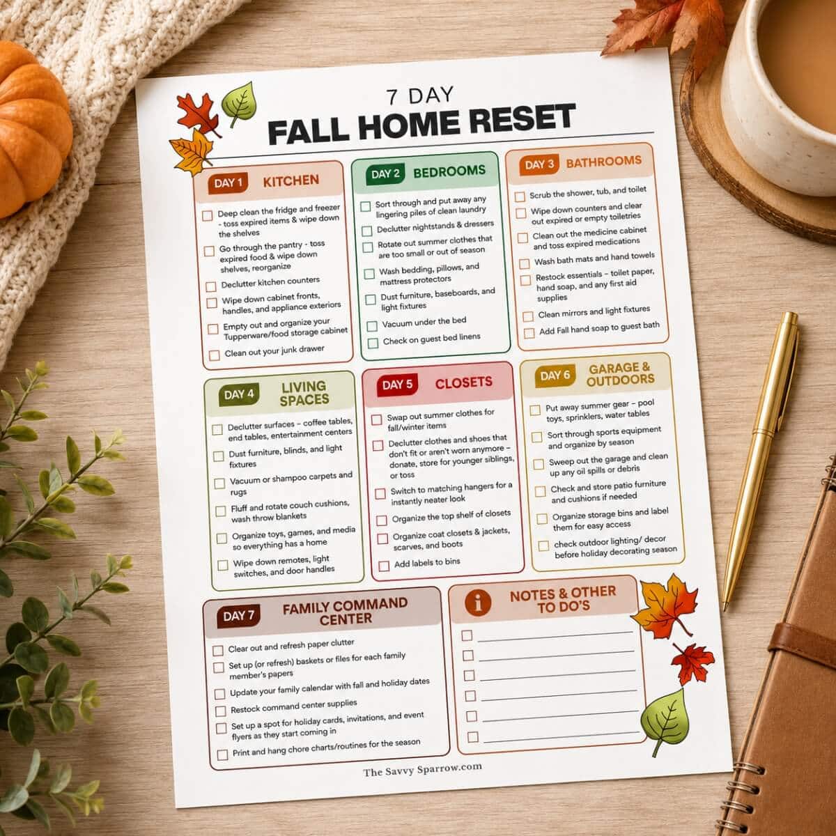 printable 7 day Fall Home Reset checklist with different Fall jobs to do in each room of the home