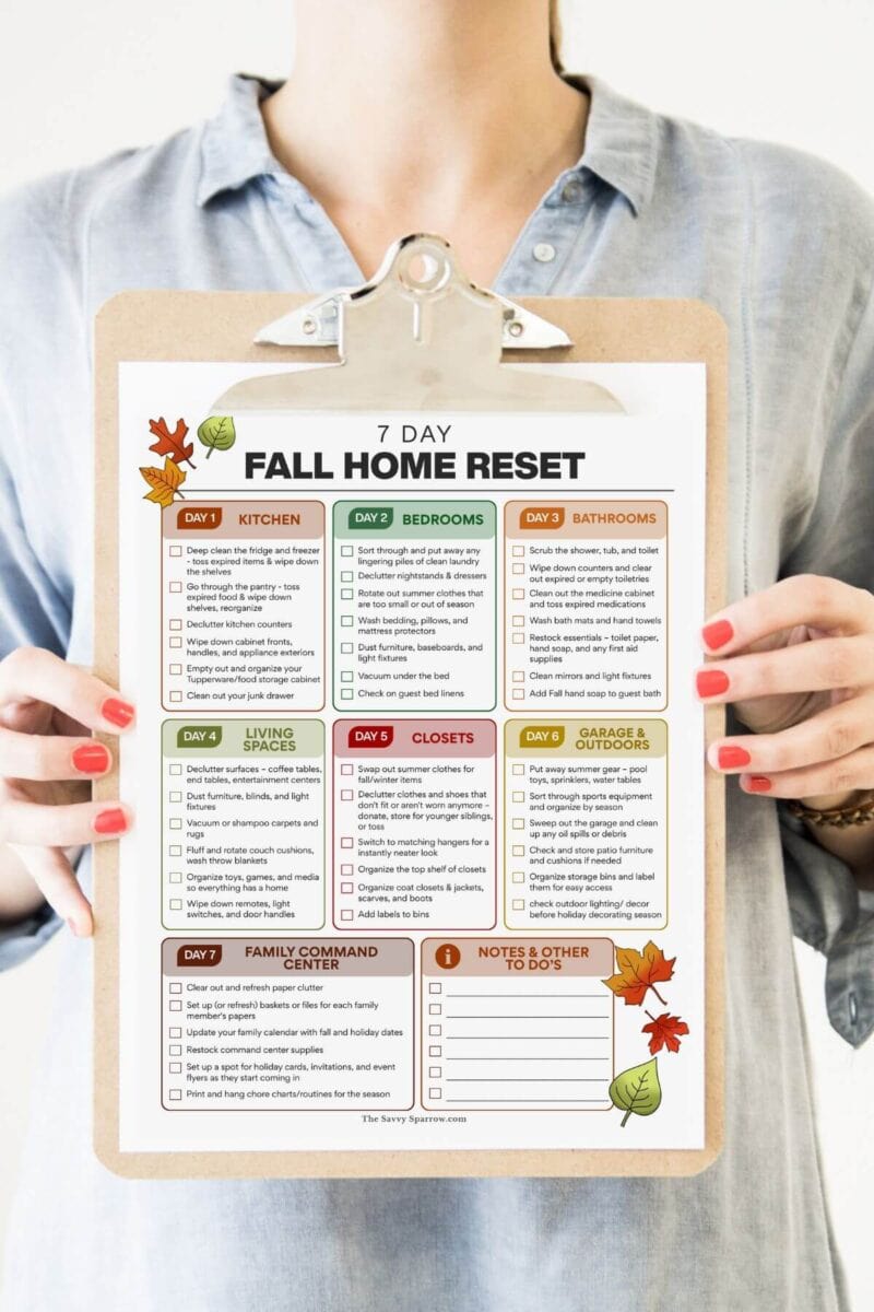 free printable Fall Home Reset checklist with different Fall cleaning jobs to do in each room of the home