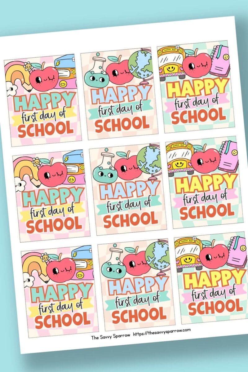 printable colorful first day of school gift tags with 9 tags on a sheet