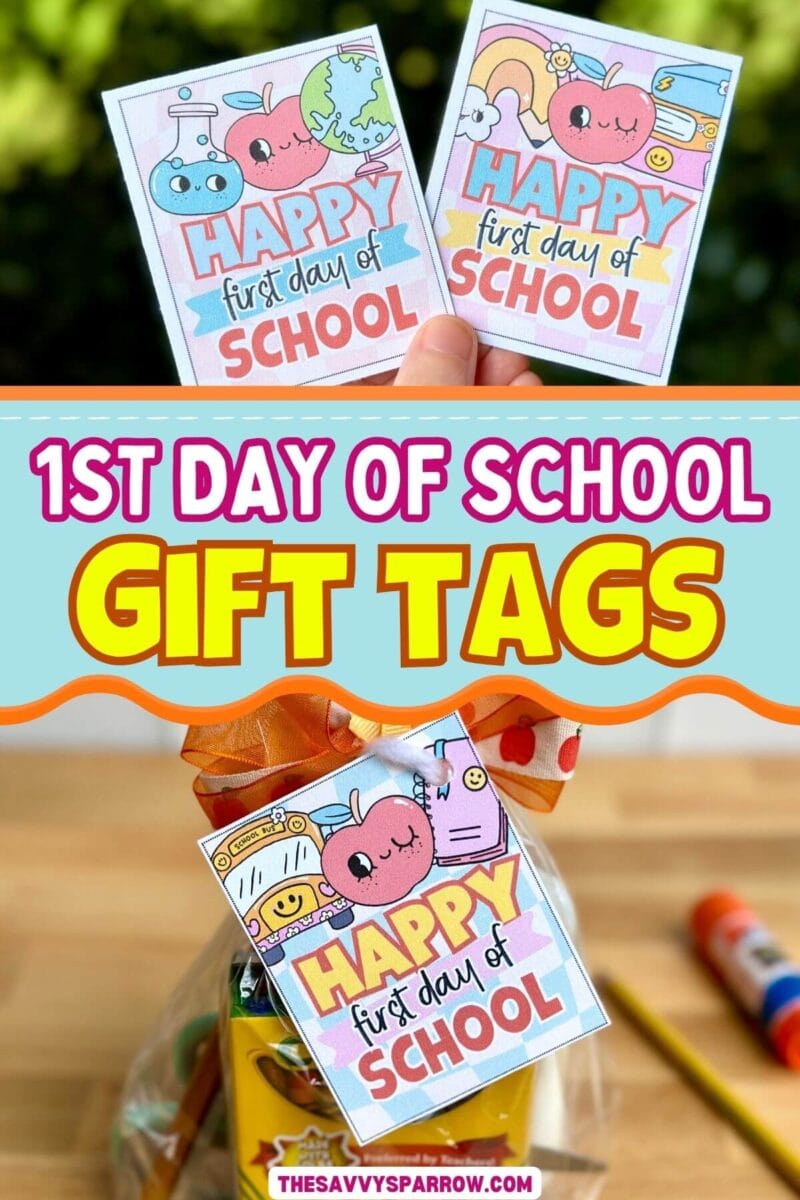 first day of school gift tags on a small gift bag with school supplies