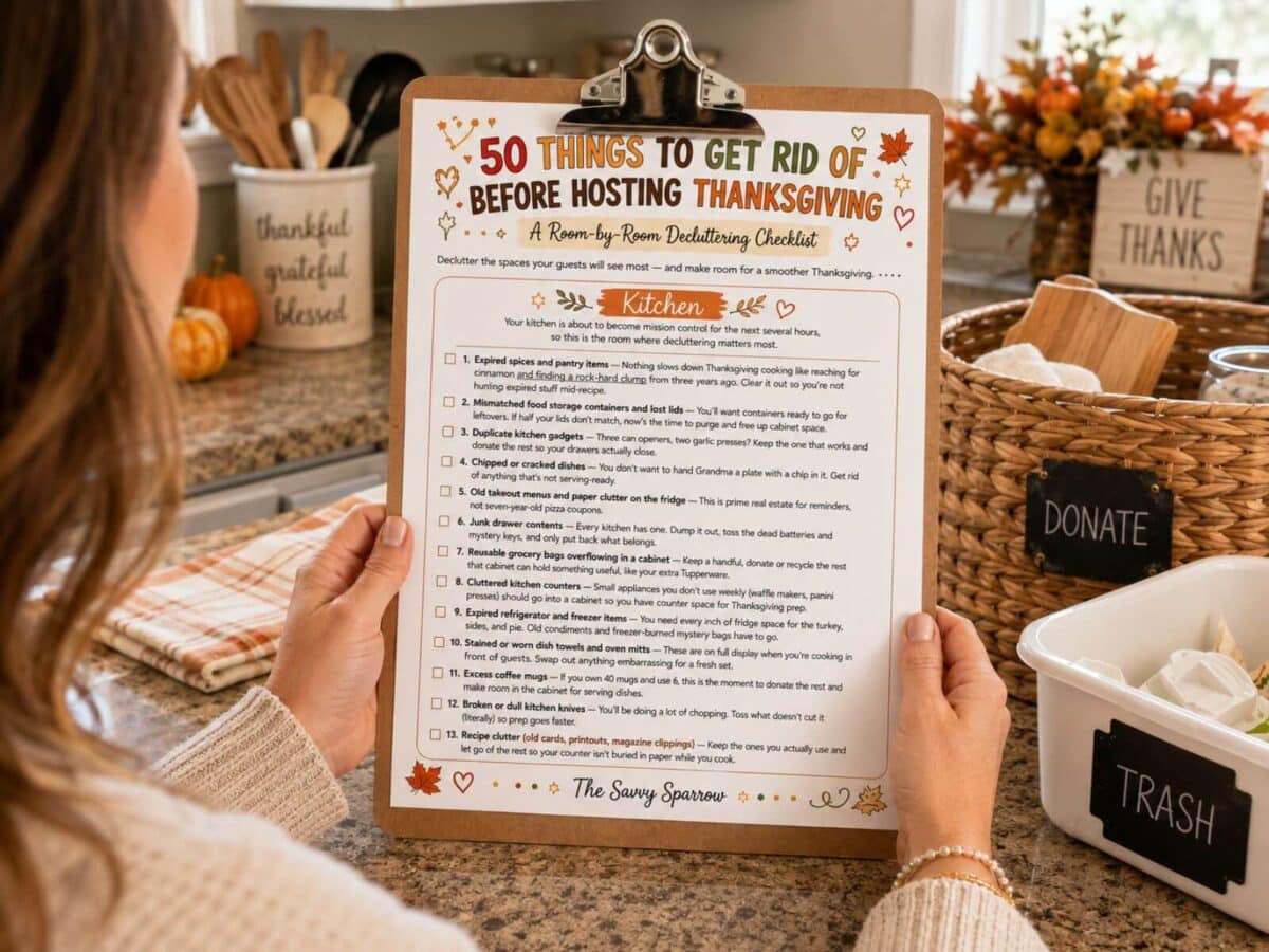 woman holding a clipboard with a Thanksgiving decluttering checklist for the kitchen