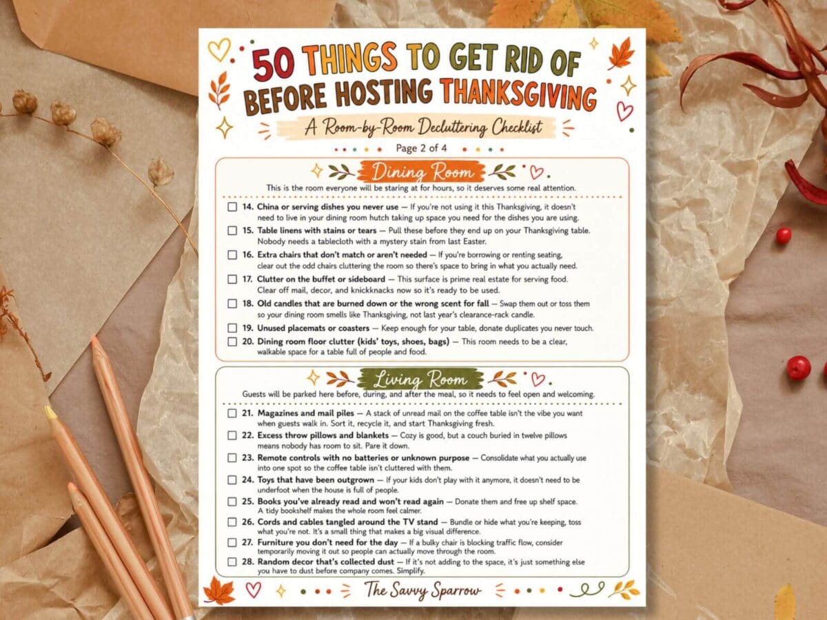 Thanksgiving decluttering checklist with things to declutter in the living room and dining room before Thanksgiving