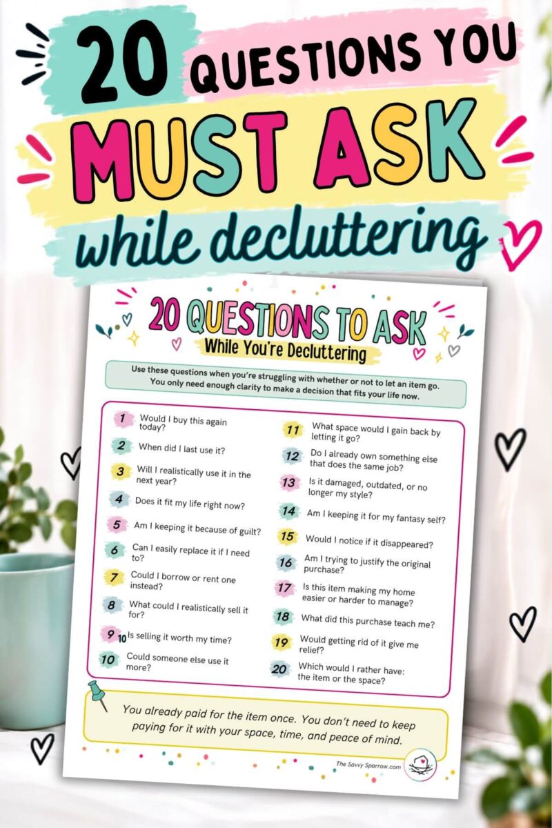 free printable list of 20 questions to ask while decluttering