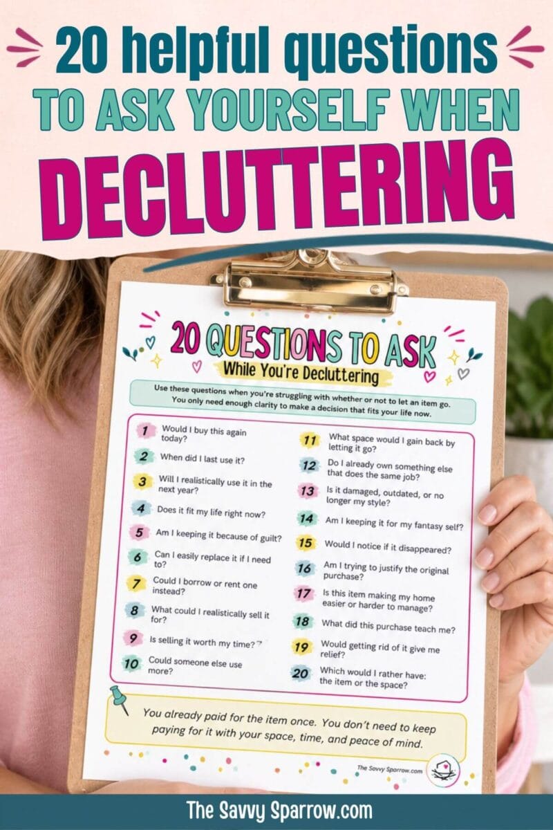 free printable list of 20 questions to ask while decluttering