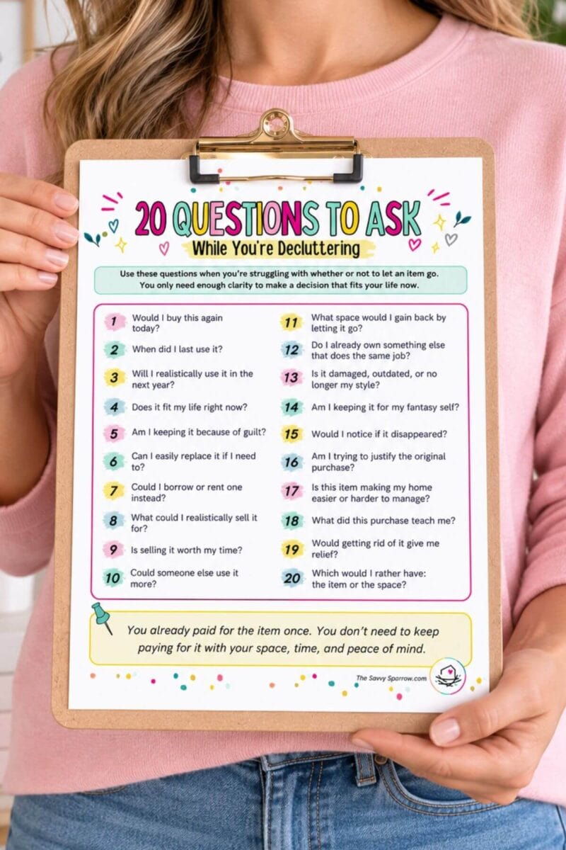 list of 20 decluttering questions to ask yourself on a clipboard