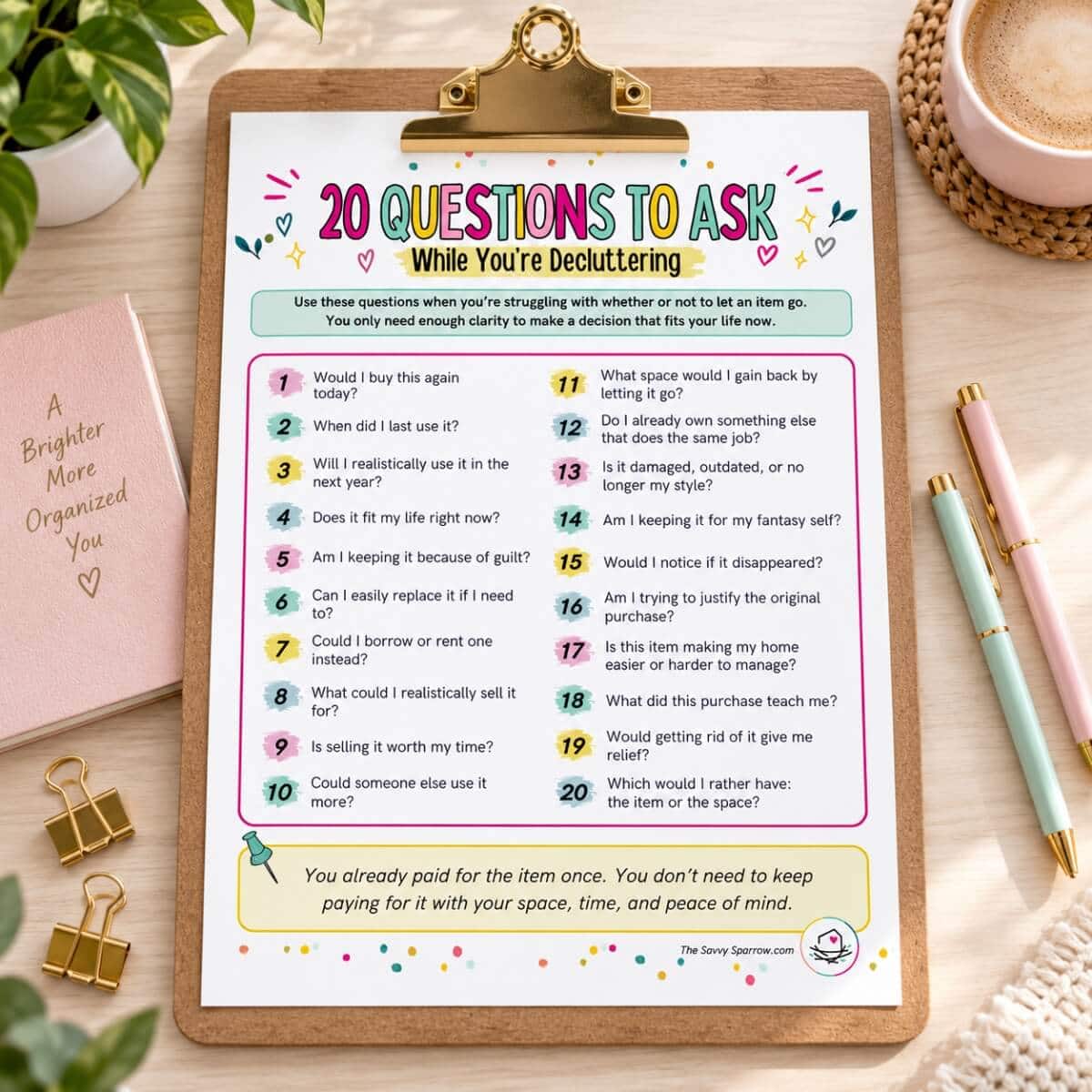 list of 20 decluttering questions to ask yourself on a clipboard