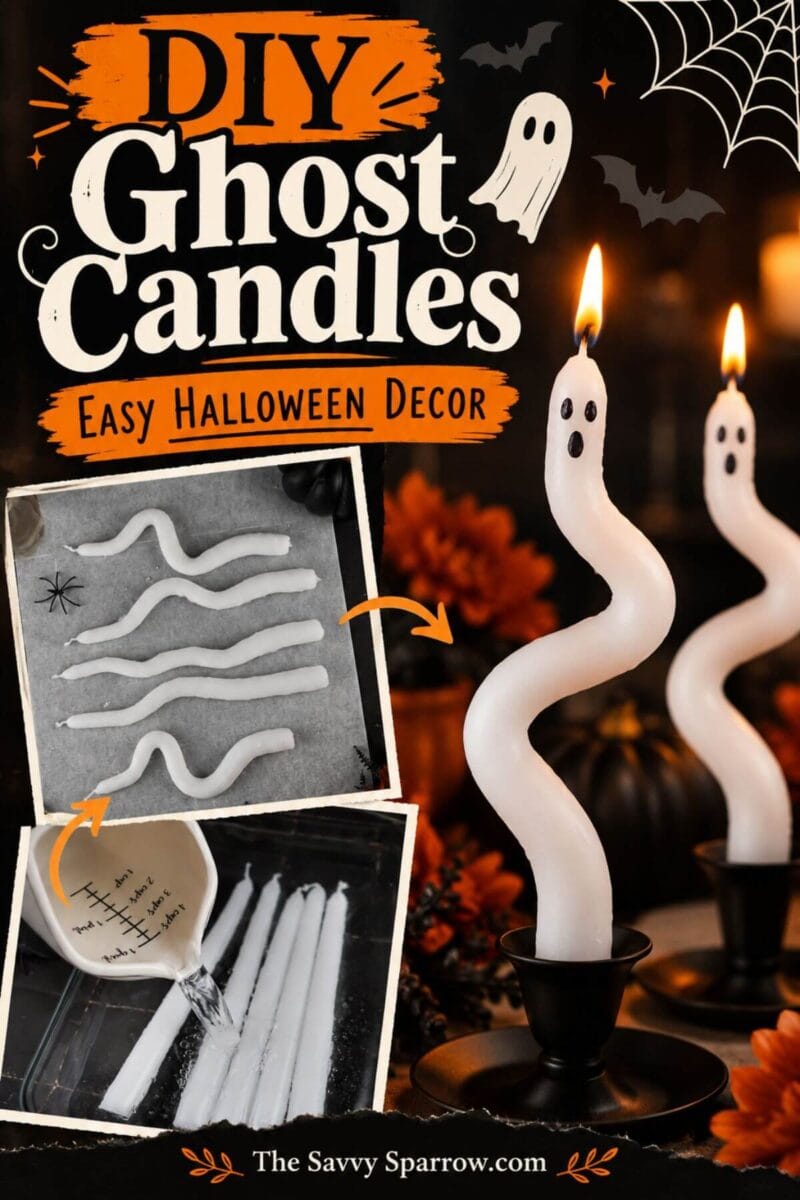 DIY ghost candles made from white taper candles bent into wavy ghost shapes with simple black faces, shown lit in black candle holders with orange and black Halloween decor and step-by-step process photos.