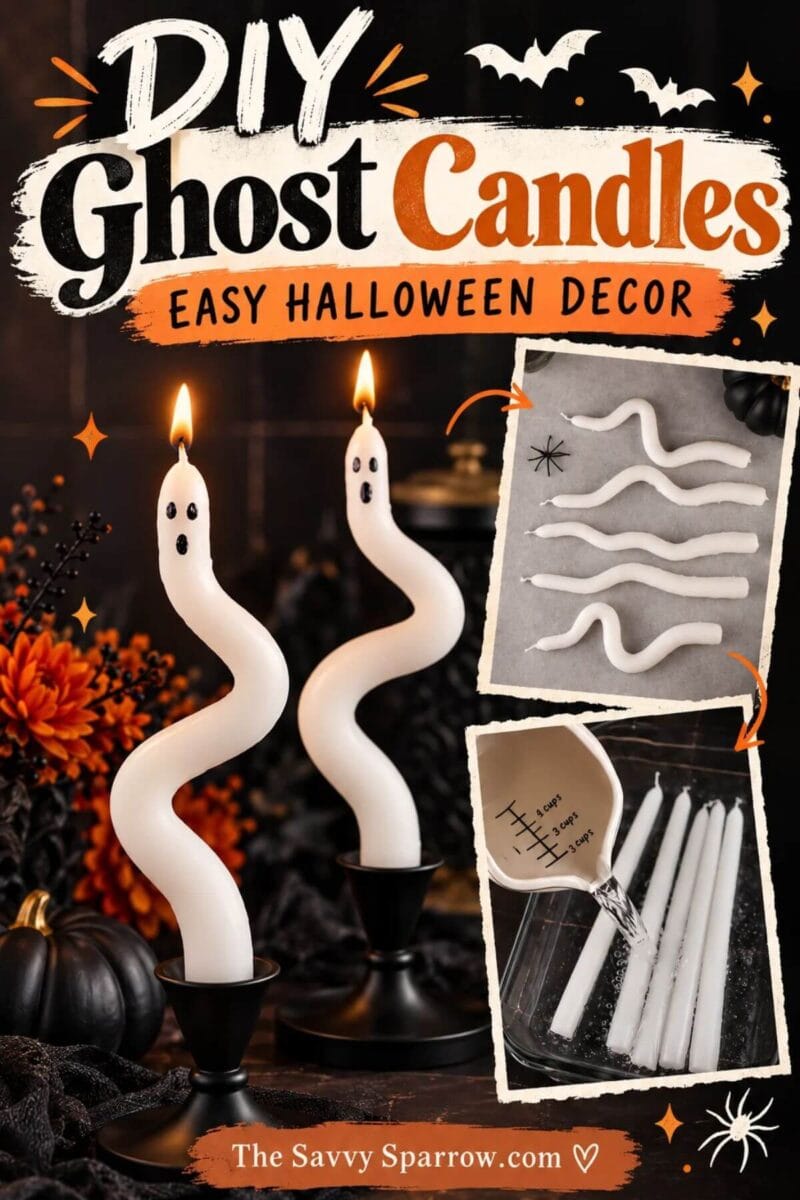 DIY ghost candles made from white taper candles bent into wavy ghost shapes with simple black faces, shown lit in black candle holders with orange and black Halloween decor and step-by-step process photos.