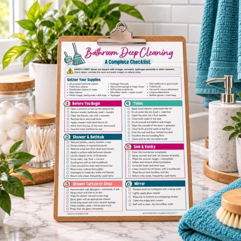 bathroom deep cleaning checklist on a clipboard