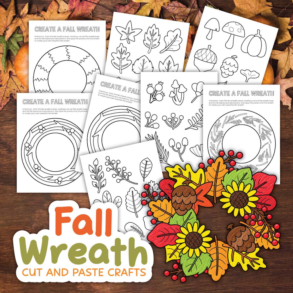 mockup of the Fall wreath cut and paste craft and images of the different pages in the printable template