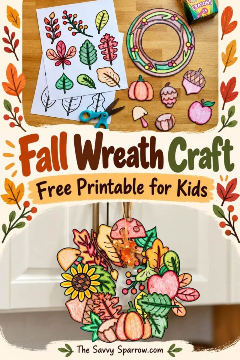 two panel collage with a printable template with colored Fall leaves and cut out Fall-themed paper decorations and a finished Fall wreath craft hanging up