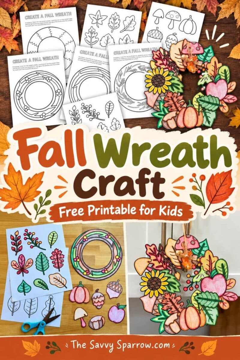 three panel collage with a printable template with colored Fall leaves and cut out Fall-themed paper decorations and a finished Fall wreath craft hanging up